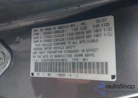 2007 Acura Rdx z USA, uszkodzony, nr VIN 5J8TB18527A018874